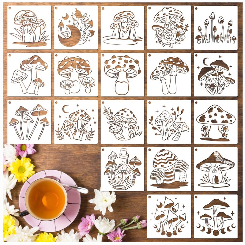 Boqon 20 Pieces Mushrooms Stencils Template  Reusable Boho Mushroom Moon Flowers Stencils for Painting on Wood  Canvas  Tile  Scrapbook  Fabric  Pillows Decorations DIY Craft Projects (20pcs Mushroom 5.1) - Image 1